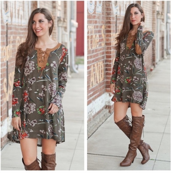 Entro Dress Women's Size L Brown Floral Lace Up Elbow Patches Long Sleeve Boho - Picture 7 of 9